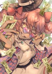 Rule 34 | 1girl, absurdres, banknote, bow, braces, coat, dollar bill, dress, drill hair, earrings, eyewear on head, floral print, glasses, gold, hat, hat bow, heart, heart-shaped eyewear, high collar, highres, jewelry, light brown hair, money, necklace, open mouth, purple coat, ribbon, ring, round eyewear, smile, sunglasses, teeth, top hat, touhou, twin drills, white dress, yamazaki tsukune, yorigami jo&#039;on