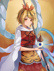 Rule 34 | 1girl, absurdres, animal print, black hair, blonde hair, breasts, cowboy shot, hair ornament, highres, holding, holding polearm, holding weapon, koizumo, long sleeves, multicolored hair, o-ring, polearm, shawl, short hair, spear, standing, tiger print, toramaru shou, touhou, two-tone hair, weapon, wide sleeves, yellow eyes