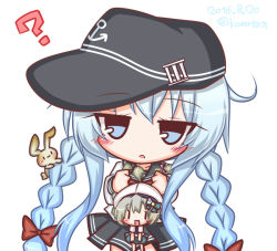 Rule 34 | 2girls, :3, :d, :o, ?, alternate hairstyle, anchor, animal, beret, black hat, black skirt, blue eyes, blue hair, blue skirt, blush, bow, braid, dated, fairy (kancolle), flat cap, grabbing another&#039;s hair, green bow, hair between eyes, hair bow, hat, head tilt, hibiki (kancolle), kantai collection, komakoma (magicaltale), long hair, long sleeves, looking at viewer, low twintails, multiple girls, open mouth, parted lips, pleated skirt, rabbit, red bow, red neckwear, school uniform, serafuku, shirt, short sleeves, simple background, skirt, smile, twin braids, twintails, twitter username, white background, white hat, white shirt, | |, || ||