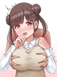 Rule 34 | 1boy, 1girl, blush, grabbing another&#039;s breast, breasts, brown cardigan, brown hair, cardigan, double bun, full-face blush, grabbing, grabbing from behind, groping, hair bun, highres, idolmaster, idolmaster shiny colors, large breasts, open mouth, red eyes, shaking, short twintails, simple background, sonoda chiyoko, surprised, twintails, warubo