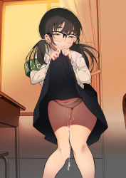 Rule 34 | 1girl, armband, black-framed eyewear, black hair, clothes lift, cum, curtains, desk, facial, highres, indoors, jimiko, knees together feet apart, lifted by self, looking at viewer, navel, original, panties, pussy juice, school desk, school uniform, shivu (mochi), skirt, skirt lift, solo, standing, twintails, underwear, window