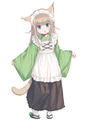 Rule 34 | 1girl, 40hara, alternate costume, animal ear fluff, animal ears, apron, blue eyes, cat ears, cat girl, cat tail, chestnut mouth, enmaided, frilled apron, frills, highres, kinako (40hara), long hair, maid, maid headdress, original, sandals, simple background, solo, tail, wa maid, white background, zouri
