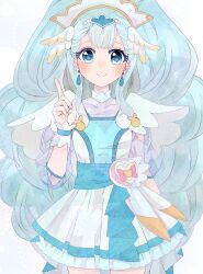 Rule 34 | 1girl, blonde hair, blue eyes, blue hair, blush, boots, closed mouth, cowboy shot, cure ange, dress, earrings, hair ornament, hat, heart, highres, hugtto! precure, index finger raised, jewelry, long hair, looking at viewer, magical girl, nauka, precure, see-through, see-through sleeves, simple background, skirt, smile, solo, very long hair, white background, white dress, wrist cuffs, yakushiji saaya