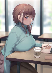 Rule 34 | 1girl, blue nails, blue sweater, blurry, blurry background, blush, bralines, breast rest, breasts, breasts on table, brown hair, brown pantyhose, cellphone, coffee cup, computer, cup, depth of field, desk, disposable cup, earrings, eyebrow piercing, fingernails, from side, hair over shoulder, huge breasts, indoors, jewelry, jonsun, laptop, large breasts, long hair, looking at viewer, looking to the side, miniskirt, nail polish, original, pantyhose, parted lips, phone, piercing, purple eyes, sideways glance, sitting, skirt, smartphone, solo, sweater, taut clothes, taut skirt