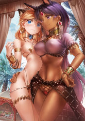 Rule 34 | 2girls, animal ears, arm around waist, armlet, blonde hair, blue eyes, blue gemstone, bracelet, breasts, brown panties, cat ears, character request, closed mouth, covered navel, cowboy shot, crop top, dan kanemitsu, dark-skinned female, dark skin, earrings, flat chest, from below, frown, gem, green gemstone, hand on another&#039;s hip, hand on own hip, harem outfit, highleg, highleg panties, highres, jewelry, long hair, looking at viewer, medium breasts, multiple girls, navel, panties, parted bangs, purple eyes, purple hair, red gemstone, red panties, short sleeves, skindentation, smile, standing, strike witches, thighlet, underwear, very long hair, world witches series
