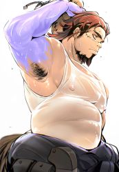 Rule 34 | 1boy, absurdres, armpit hair, armpits, bags under eyes, bara, boogeyman (housamo), brown hair, colored skin, commentary request, facial hair, goatee, highres, isuke, long sideburns, male focus, mature male, multicolored hair, muscular, muscular male, purple skin, red eyes, scar, scar on face, sideburns, solo, tokyo houkago summoners