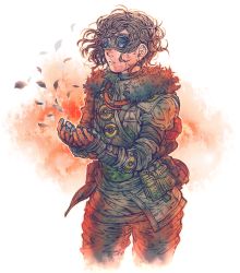 Rule 34 | 1other, androgynous, apex legends, black hair, black pants, bloodhound (apex legends), brown jacket, floating hair, fur trim, goggles, hair behind ear, highres, jacket, kanzumesabako, leaf, looking ahead, open hands, pants, parted lips, scar, short hair, solo