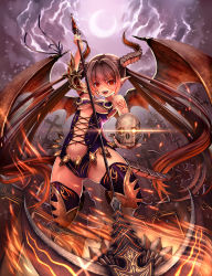 Rule 34 | 10s, 1girl, bad id, bad pixiv id, breasts, brown hair, chain chronicle, cross, demon girl, fang, graveyard, hair between eyes, highres, holding, holding skull, holding weapon, horns, leotard, long hair, looking at viewer, medium breasts, moon, navel, night, open mouth, outdoors, pointy ears, polearm, re:shimashima, red eyes, skull, solo, spear, tattoo, thighhighs, tombstone, twintails, underboob, very long hair, weapon, wings