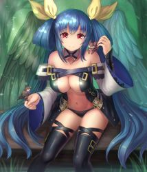 Rule 34 | 1girl, :d, animal, animal on hand, animal on shoulder, asymmetrical wings, bare shoulders, belt, belt buckle, bird, bird on hand, black legwear, black panties, blue hair, blue wings, breasts, buckle, center opening, cleavage, closed mouth, collarbone, cross-laced clothes, cross-laced legwear, detached collar, dizzy (guilty gear), eyebrows, feathered wings, grass, green wings, guilty gear, guilty gear xrd, hair ribbon, hair rings, large breasts, long hair, long sleeves, looking at viewer, mizuya nao, navel, open mouth, outstretched hand, panties, petals, red eyes, ribbon, sitting, smile, stomach, tail, tail ornament, tail ribbon, thigh strap, tree, twintails, underboob, underwear, very long hair, wide sleeves, wings