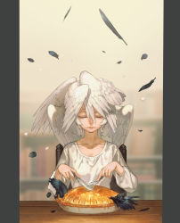 Rule 34 | 1other, androgynous, closed eyes, eating, food, fork, head wings, highres, holding, holding fork, holding knife, knife, long sleeves, mullmull02, on chair, original, pie, pillarboxed, shirt, sitting, solo, table, twitter username, white shirt, wings