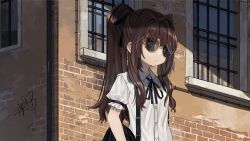 Rule 34 | 1girl, black ribbon, blue eyes, breasts, brick wall, brown hair, building, closed mouth, collared shirt, commentary request, day, elisia valfelto, hair between eyes, hair intakes, long hair, looking away, luicent, neck ribbon, original, outdoors, puffy short sleeves, puffy sleeves, ribbon, shirt, short sleeves, sidelocks, small breasts, solo, sunglasses, suspenders, twintails, white shirt, window