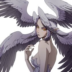 Rule 34 | 1girl, absurdres, bare shoulders, black wings, closed mouth, dress, eyeshadow, feather hair, feathered wings, grey dress, grey wings, hand up, head wings, heather (pikat), highres, looking at viewer, looking to the side, makeup, multicolored wings, multiple wings, original, pikat, red eyeshadow, solo, strapless, strapless dress, turning head, upper body, white background, wings, yellow eyes