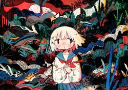 Rule 34 | 1girl, abstract background, absurdres, blue sailor collar, blue skirt, blush, highres, interlocked fingers, long sleeves, looking at viewer, mamei mema, neckerchief, original, own hands clasped, own hands together, parted lips, plant, pleated skirt, red neckerchief, sailor collar, sailor shirt, school uniform, serafuku, shirt, short hair, skirt, solo, standing, tareme, upper body, white hair, white shirt