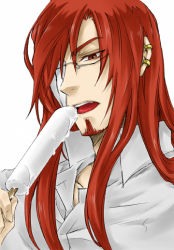 Rule 34 | 00s, 1boy, beard, cross marian, d.gray-man, facial hair, food, glasses, long hair, male focus, popsicle, red eyes, red hair, sexually suggestive, simple background, solo, upper body, white background
