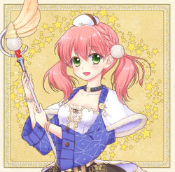 Rule 34 | 10s, 1girl, atelier (series), atelier escha &amp; logy, braid, choker, colored eyelashes, escha malier, female focus, french braid, green eyes, hat, mika mikan, pink hair, shawl, short hair, smile, solo, star (symbol), starry background, twintails, wand, yellow background