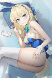 Rule 34 | 1girl, :3, absurdres, ass, auui, bare shoulders, blonde hair, blue archive, blue bow, blue bowtie, blue eyes, blue leotard, blurry, blush, bow, bowtie, braid, breasts, closed mouth, earrings, french braid, hair bow, hand on own thigh, highres, jewelry, leotard, looking at viewer, lying, medium breasts, official alternate costume, official alternate hairstyle, on side, phone, smug, solo, strapless, strapless leotard, stud earrings, thighhighs, thighs, toki (blue archive), toki (bunny) (blue archive), v-shaped eyebrows, white thighhighs, white wrist cuffs, wrist cuffs