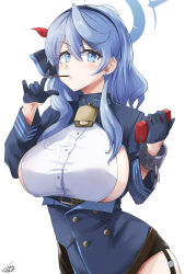 Rule 34 | 1girl, ako (blue archive), bell, black skirt, blue archive, blue eyes, blue hair, blue jacket, blush, breasts, cellphone, collar, food, garter straps, gloves, hair between eyes, hairband, half gloves, halo, highres, ibara azuki, jacket, large breasts, long hair, long sleeves, looking at viewer, mouth hold, neck bell, phone, pocky, sideboob, skirt, solo, thighs