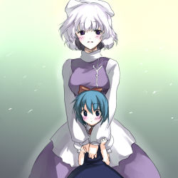 Rule 34 | cirno, hat, hug, letty whiterock, onimaru gonpei, short hair, touhou, 2girls, age difference, blush, hug from behind, multiple girls, size difference