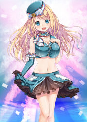 Rule 34 | 10s, 1girl, :d, adapted costume, atago (kancolle), bad id, bad pixiv id, blonde hair, blue eyes, breasts, clothes lift, confetti, crop top, detached sleeves, gloves, haguda tofu (hakudatofu), hat, kantai collection, large breasts, long hair, midriff, navel, open mouth, single glove, single sleeve, skirt, skirt lift, smile, solo