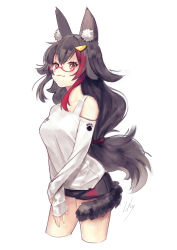 Rule 34 | 1girl, :3, animal ears, bare legs, black hair, black shorts, breasts, closed mouth, clothing cutout, commentary, cowboy shot, eyelashes, glasses, hair between eyes, hair ornament, highres, hololive, long hair, long sleeves, looking at viewer, medium breasts, multicolored hair, ookami mio, ookami mio (casual), red-framed eyewear, red hair, semi-rimless eyewear, shirt, short shorts, shorts, shoulder cutout, signature, simple background, sleeves past wrists, smile, solo, streaked hair, sumi (oyasumie), tail, tail wrap, thighs, two-tone hair, virtual youtuber, white background, white shirt, wolf ears, wolf tail, yellow eyes