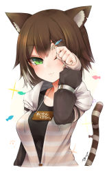 Rule 34 | 1girl, :3, animal ears, bad id, bad pixiv id, black shirt, blush, breasts, brown hair, cat ears, cat tail, closed mouth, commentary request, fish hair ornament, fumino tamaki, green eyes, hair ornament, hairclip, hand up, highres, hood, hood down, hoodie, looking at viewer, medium breasts, motion lines, name tag, nijisanji, one eye closed, paw pose, shirt, short hair, signature, slit pupils, smile, solo, tail, tanyatonya, upper body, virtual youtuber, white background
