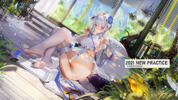 Rule 34 | 1girl, animal, arknights, bikini, bird, breasts, casual one-piece swimsuit, crocodilian tail, feet, flower, highres, large tail, no shoes, off-shoulder bikini, off shoulder, official alternate costume, one-piece swimsuit, panties, plumw, pointy ears, soles, swimsuit, tail, tomimi (arknights), tomimi (silent night) (arknights), underwear, waist cutout, white flower, white legwear, white one-piece swimsuit, white wrist cuffs, wrist cuffs