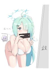 Rule 34 | 2girls, absurdres, alternate costume, atsuko (blue archive), bent over, blue archive, blue hair, blush stickers, breasts, chibi, full-length mirror, hair ornament, hair over one eye, hairclip, half-closed eyes, halo, highres, hiyori (blue archive), hood, hoodie, komasi, large breasts, mirror, multiple girls, opening door, selfie, side ponytail, staring, swimsuit, v, white background