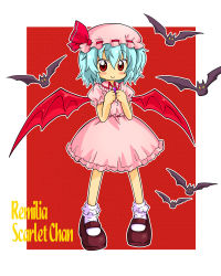 Rule 34 | 1girl, bat (animal), bat wings, blue hair, character name, dress, fang, female focus, hat, highres, hiyoshi (skick), mary janes, red eyes, remilia scarlet, shoes, short hair, solo, touhou, wings