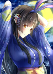 Rule 34 | 1girl, arms up, black hair, blue kimono, breasts, character request, copyright request, crescent moon, hair between eyes, hair ornament, hairband, japanese clothes, kimono, long hair, long sleeves, looking at viewer, looking to the side, medium breasts, moon, night, night sky, pointy ears, ram hachimin, sky, smile, solo, upper body, virtual youtuber, wide sleeves, yellow eyes, yukata