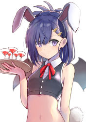 Rule 34 | 1girl, absurdres, alcohol, animal ears, blue hair, blush, breasts, rabbit ears, rabbit tail, closed mouth, crop top, cup, demon girl, demon wings, drinking glass, eyebrows, fake animal ears, fake tail, gabriel dropout, hair ornament, hairclip, highres, holding, holding tray, looking at viewer, navel, purple eyes, red ribbon, ribbon, short hair, small breasts, smile, solo, tail, tenma-gav, tray, vignette tsukinose april, upper body, wine, wine glass, wings