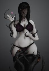 Rule 34 | 1girl, black hair, black thighhighs, bra, breasts, cleavage, collarbone, colored skin, commentary, eldritch abomination, english commentary, extra eyes, extra mouth, faceless, faceless female, hair ornament, heart, highres, horror (theme), horror maid (imp (impractical)), imp (impractical), large breasts, lingerie, long hair, navel, original, pale skin, panties, panty pull, purple bra, purple panties, sharp teeth, solo, standing, teeth, tentacles, thighhighs, trypophobia, underwear, waving, white skin, wide hips, x hair ornament