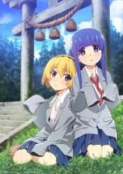 Rule 34 | 2girls, barefoot, blonde hair, blue hair, blue skirt, blue sky, blunt bangs, blush, brown eyes, buttons, closed mouth, cloud, collared shirt, day, emblem, frown, full body, furude rika, grass, grey jacket, hair between eyes, hand up, highres, higurashi no naku koro ni, houjou satoko, jacket, kneeling, lapels, leaning on person, long hair, long sleeves, looking at viewer, loose necktie, miniskirt, multiple girls, necktie, no shoes, official art, outdoors, oversized clothes, parted lips, pleated skirt, pocket, purple eyes, purple hair, red necktie, rope, school uniform, shide, shimenawa, shirt, short hair, sidelocks, skirt, sky, sleeves past fingers, sleeves past wrists, st. lucia academy school uniform, stairs, torii, tree, white shirt, wing collar