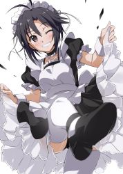 Rule 34 | 1girl, absurdres, ahoge, alternate costume, apron, black hair, black panties, black skirt, blush, breasts, choker, collarbone, enmaided, foot up, foreshortening, frilled choker, frilled skirt, frills, graphite (medium), highres, holding, holding clothes, holding skirt, idolmaster, idolmaster (classic), kicking, kikuchi makoto, looking at viewer, maid, maid apron, maid headdress, motion lines, one eye closed, panties, pantyshot, parted bangs, short hair, simple background, skirt, small breasts, smile, solo, thighhighs, tokiani, traditional media, underwear, white background, white skirt, white thighhighs, wrist cuffs