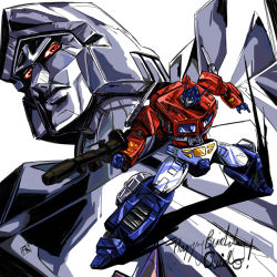 Rule 34 | 2boys, aiming, autobot, blue eyes, commentary, decepticon, english commentary, gun, happy birthday, hinomars19, holding, holding gun, holding weapon, looking down, looking up, mecha, megatron, multiple boys, no humans, open hand, optimus prime, red eyes, robot, transformers, weapon