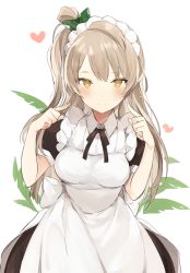 Rule 34 | 1girl, blush, brown eyes, brown hair, closed mouth, cowboy shot, hand up, hands up, heart, index finger raised, long hair, looking at viewer, love live!, love live! school idol project, lpip, maid, maid headdress, minami kotori, one side up, pointing, pointing at self, simple background, smile, solo, tsurime, white background