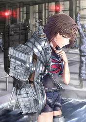 Rule 34 | 1girl, 3boys, bad id, bad pixiv id, blue sailor collar, blue skirt, blurry, bodysuit, brown hair, camouflage, chain, closed eyes, cowboy shot, depth of field, elbow gloves, facing down, furutaka (kancolle), gloves, hair ornament, hairclip, hand on own chest, highres, kantai collection, machinery, multiple boys, neckerchief, pleated skirt, red neckerchief, remodel (kantai collection), sailor collar, school uniform, serafuku, short hair, single elbow glove, single thighhigh, skirt, solo focus, thighhighs, zombie mogura
