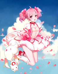 Rule 34 | 10s, 1girl, bad id, bad pixiv id, bow, choker, day, gloves, hair bow, highres, jumping, kaname madoka, kneehighs, kyubey, looking at viewer, magical girl, mahou shoujo madoka magica, mahou shoujo madoka magica (anime), maorzshu, open mouth, petals, pink bow, pink eyes, pink hair, puffy short sleeves, puffy sleeves, short sleeves, sky, socks, twintails, water