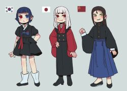 3girls black_shirt blue_skirt china_(kuroussa) chinese_clothes contemporary_traditional_clothes flats full_body hanbok hanfu japan_(kuroussa) japanese_clothes japanese_flag kimono korean_clothes kuroussa long_skirt multiple_girls nontraditional_jika-tabi original people&#039;s_republic_of_china_flag personification red_kimono shirt skirt south_korea_(kuroussa) south_korean_flag standing