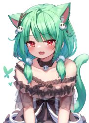 Rule 34 | 1girl, :3, :d, absurdres, animal ears, bare shoulders, black choker, black dress, blush, bug, butterfly, cat ears, cat girl, cat tail, choker, collarbone, deaver, dress, ear piercing, extra ears, frilled dress, frills, green hair, hair bobbles, hair ornament, hair over shoulder, highres, hololive, insect, long hair, looking at viewer, low twintails, off-shoulder dress, off shoulder, open mouth, piercing, red eyes, see-through, simple background, skull hair ornament, smile, solo, tail, twintails, upper body, uruha rushia, uruha rushia (3rd costume), virtual youtuber, white background