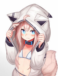 Rule 34 | 1girl, animal collar, animal ear fluff, animal ears, animal hood, blue eyes, bra, collar, fang, fang out, flat chest, hood, hood up, hoodie, light brown hair, long hair, long sleeves, looking at viewer, naked hoodie, open clothes, open hoodie, original, reitou mikan, tail, underwear, wavy mouth