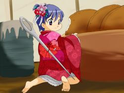 Rule 34 | 1girl, :t, alternate costume, alternate hairstyle, bare legs, barefoot, bow, bowl, can, cheek bulge, cup, eating, floral print, flower, food, food on face, frilled sleeves, frills, full body, hair flower, hair ornament, hair up, highres, indoors, japanese clothes, kimono, leaf, long hair, mini person, minigirl, needle, purple eyes, purple hair, red bow, senbei, short hair, sleeves past wrists, solo, sukuna shinmyoumaru, tin can, touhou, ukanmuri, yunomi