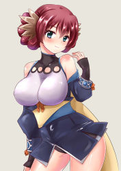 Rule 34 | 10s, 1girl, abi (ababsksk), bare shoulders, blue eyes, braid, braided bun, breasts, brown hair, covered collarbone, female focus, hair bun, head wings, highres, japanese clothes, large breasts, looking at viewer, nosuri, obi, red hair, sash, simple background, sleeveless, sleeveless turtleneck, smile, solo, thighs, turtleneck, utawarerumono, utawarerumono: itsuwari no kamen, white background, wings