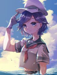 Rule 34 | 1girl, anchor symbol, black hair, blue eyes, closed mouth, dated, gloves, green sailor collar, hat, murasa minamitsu, neckerchief, peaked cap, red neckerchief, sailor collar, sailor shirt, shirt, short hair, short sleeves, signature, solo, tami (joemanyodw), touhou, upper body, water, wet, white gloves, white hat, white shirt