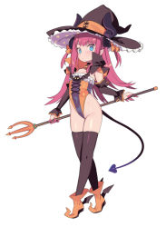 Rule 34 | 1girl, black socks, black thighhighs, blade (galaxist), blue eyes, blush, brown hat, closed mouth, demon tail, elizabeth bathory (fate), elizabeth bathory (fate/extra ccc), fate/grand order, fate (series), finger cots, flat chest, full body, halloween, halloween costume, hat, highleg, highleg leotard, holding, horn ornament, horns, horns through headwear, leotard, long hair, looking at viewer, pink hair, pointy ears, pointy footwear, simple background, skindentation, socks, solo, standing, tail, thighhighs, two side up, white background, witch, witch hat