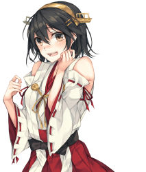 Rule 34 | 10s, 1girl, :d, aiguillette, alternate hair length, alternate hairstyle, bare shoulders, black hair, blush, brown eyes, collarbone, cowboy shot, detached sleeves, eyebrows, hair ornament, hairclip, haruna (kancolle), headgear, highres, japanese clothes, kantai collection, kimono, long sleeves, looking at viewer, nontraditional miko, open mouth, red ribbon, red skirt, ribbon, ribbon-trimmed sleeves, ribbon trim, rinarisa, round teeth, short hair, skirt, sleeveless, sleeveless kimono, smile, solo, teeth, wide sleeves