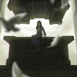Rule 34 | 1girl, backlighting, bird, black hair, blurry, depth of field, dress, koyorin, long hair, looking at viewer, mono (shadow of the colossus), shadow of the colossus, sitting, solo, spoilers