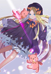 Rule 34 | 1girl, abigail williams (fate), absurdres, black bow, black dress, black hat, blonde hair, bloomers, blue eyes, bow, bug, butterfly, closed mouth, commentary request, dress, fate/grand order, fate (series), forehead, gloriak, grey background, hair bow, hat, highres, insect, long hair, long sleeves, looking at viewer, orange bow, parted bangs, polka dot, polka dot bow, sleeves past wrists, solo, sparkle, stuffed animal, stuffed toy, teddy bear, underwear, very long hair, white bloomers