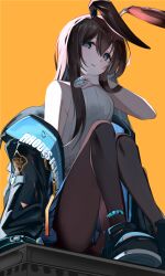 Rule 34 | 1girl, amiya (arknights), animal ears, anklet, arknights, arm support, armpit crease, bare shoulders, black footwear, black hood, black jacket, black pantyhose, blitzkrieg (index unknown), blue eyes, blue skirt, breasts, brown hair, commentary, double-parted bangs, expressionless, from below, full body, hair between eyes, hair flowing over, hand on own chin, hand up, head tilt, hood, hood down, hooded jacket, infection monitor (arknights), jacket, jewelry, knees together feet apart, knees up, lapels, legs, long hair, long sleeves, looking at viewer, looking down, miniskirt, multiple rings, off shoulder, pantyhose, parted lips, pleated skirt, rabbit ears, rabbit girl, red pupils, rhodes island logo (arknights), ribbed sweater, ring, shade, shadow, shawl lapels, shoes, sideboob, sidelocks, simple background, single bare arm, sitting, sitting on object, skirt, sleeveless, sleeveless sweater, sleeves past fingers, sleeves past wrists, small breasts, solo, straight hair, strap, sweater, teeth, thighs, vertical-striped sweater, white sweater, wide sleeves, yellow background