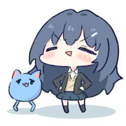Rule 34 | 1girl, black footwear, black hair, black jacket, blazer, blue skirt, blush, brown sweater vest, cat, chibi, chibi only, closed eyes, collared shirt, commentary request, hands on own hips, jacket, long hair, long sleeves, misskey.io, murakami-san (misskey.io), open clothes, open jacket, open mouth, shirt, skirt, standing, sweater vest, syuilo (misskey.io), triangle mouth, umihio, white shirt