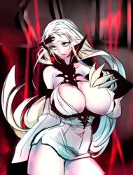 Rule 34 | 10s, 1girl, abyssal ship, bad id, bad twitter id, bare shoulders, breasts, claws, cleavage, colored skin, detached sleeves, dress, drooling, hand on breast, horns, huge breasts, kantai collection, long hair, long sleeves, open mouth, oversized forearms, oversized limbs, rathke, red eyes, ribbed dress, saliva, seaport water oni, short dress, single horn, solo, very long hair, white dress, white hair, white skin